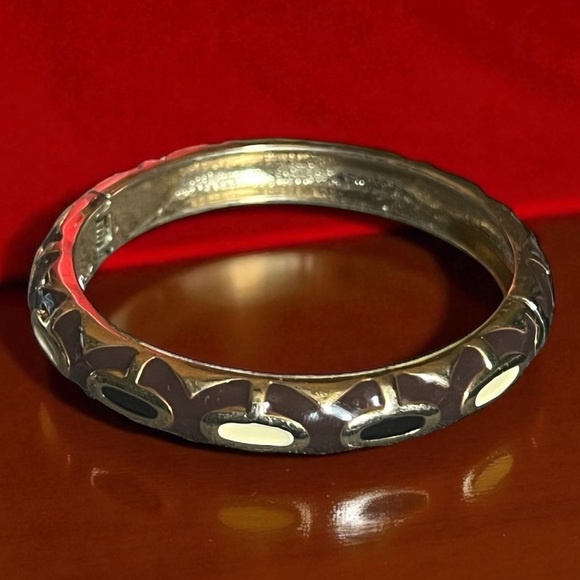 Gold Tone Brown Cream Enamel Bangle Bracelet - Picture 1 of 9